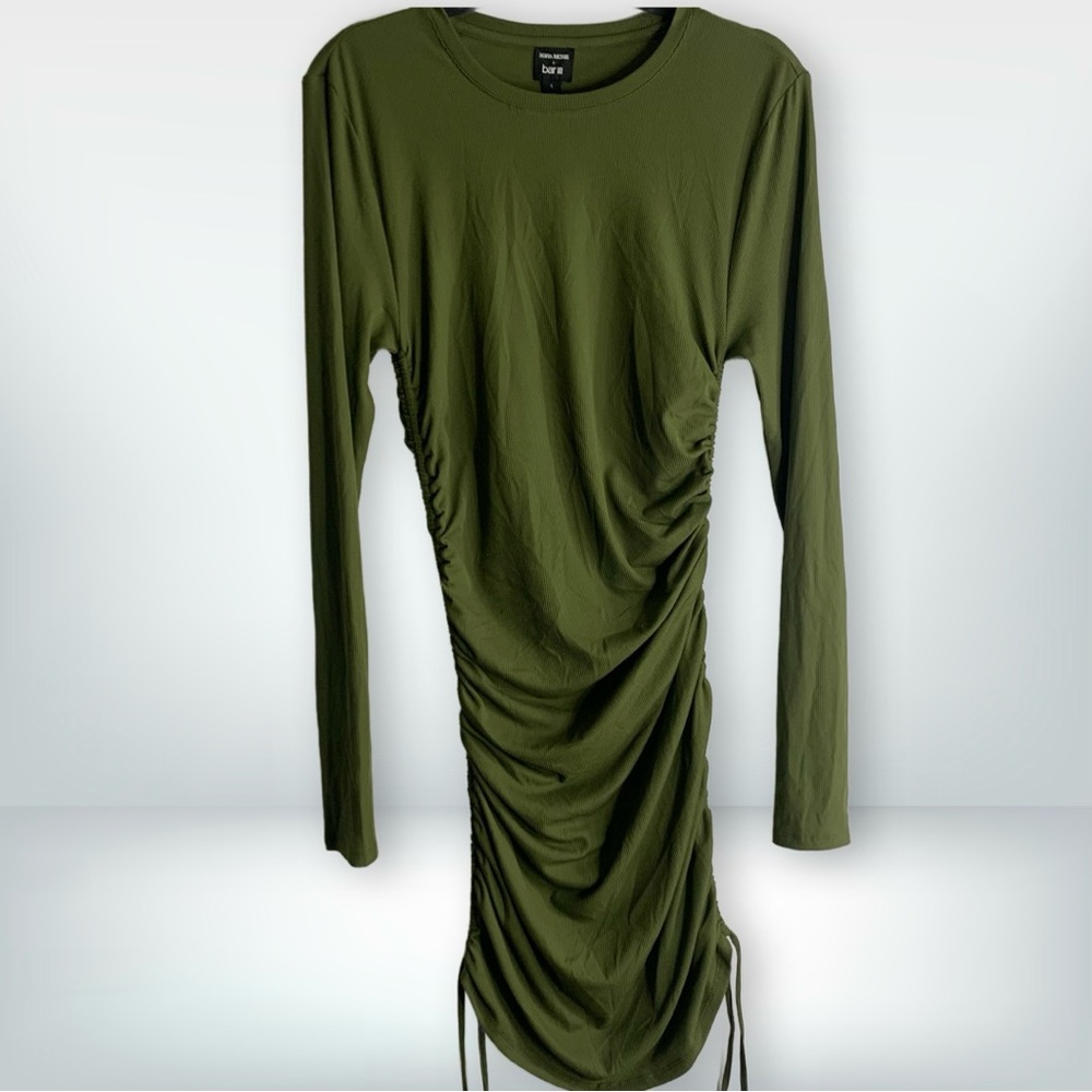 NWoT Sofia Richie x Bar III Olive Green Ruched Bodycon Long Sleeve Dress, size L
